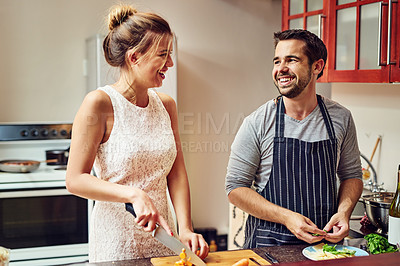 Buy stock photo Love, food or happy couple cooking in kitchen for health, nutrition or bonding with meal prep balance at home. Diet, wellness or people with vegetables in house for brunch, salad or vegetarian dinner