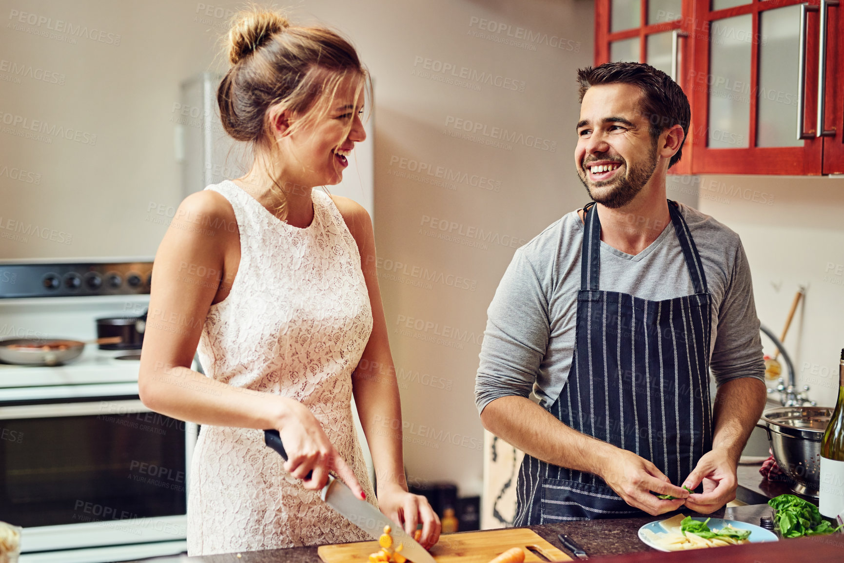 Buy stock photo Love, food or happy couple cooking in kitchen for health, nutrition or bonding with meal prep balance at home. Diet, wellness or people with vegetables in house for brunch, salad or vegetarian dinner