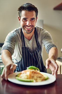 Buy stock photo Restaurant, customer service or portrait of waiter with pasta meal, offer or gourmet brunch dish. Hotel, hospitality or man server with plate presentation for catering, fast food and nutrition health