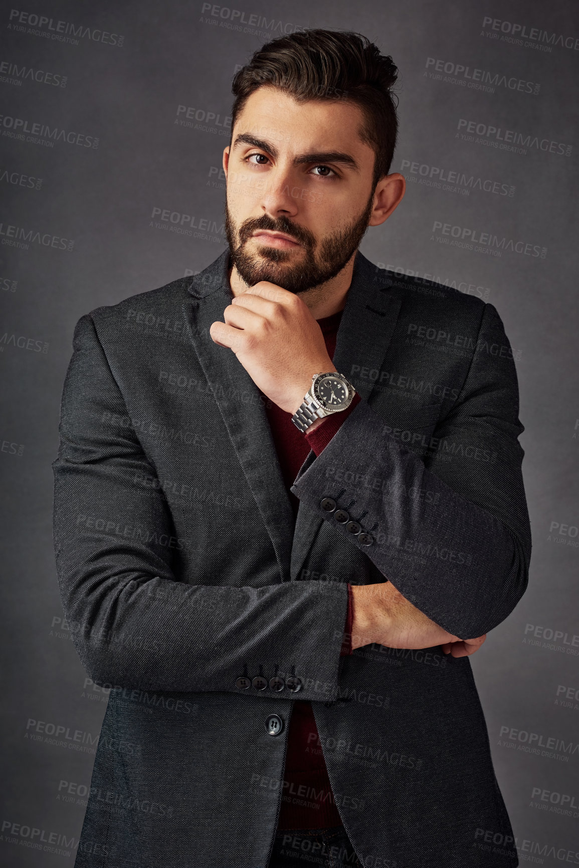 Buy stock photo Portrait, business man or thinking in studio for idea, insight or brainstorming isolated on gray background. Face, fashion or confident worker planning future for decision, mindset or problem solving