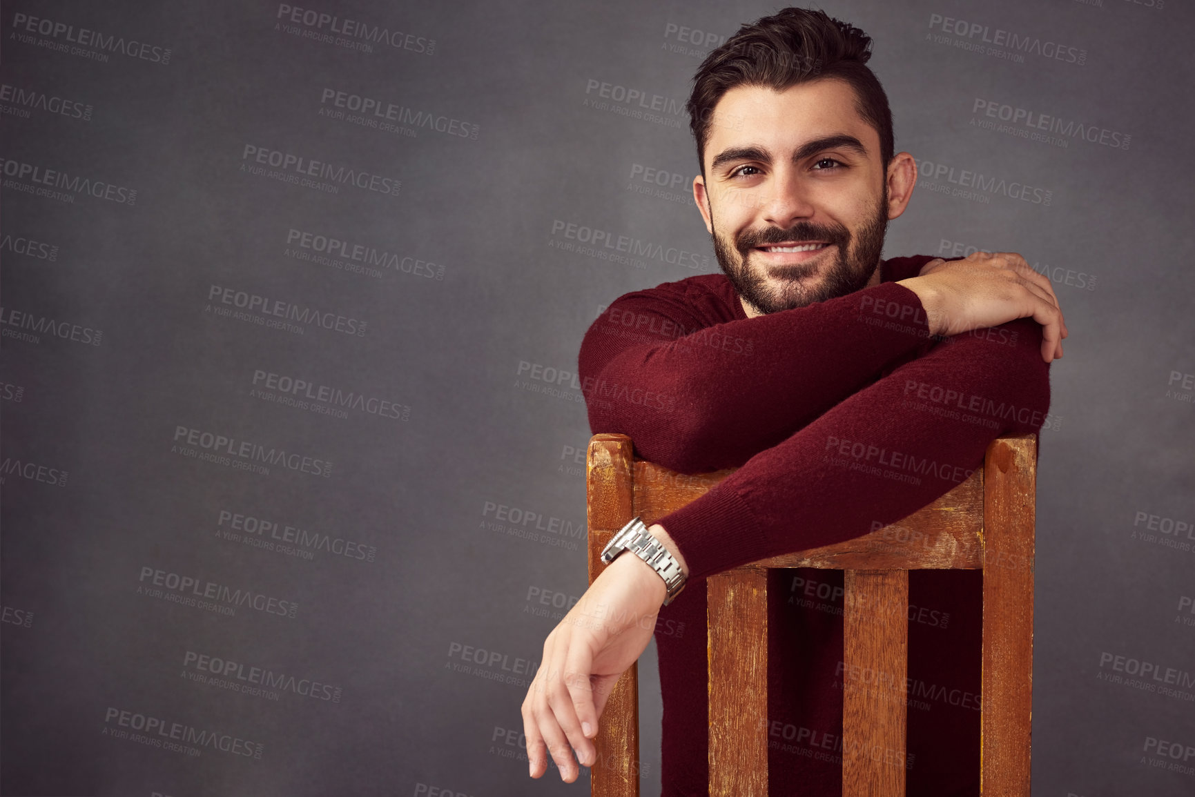 Buy stock photo Studio, chair and portrait of businessman with smile for professional, career and confidence. Investment banker, happy and male person by mockup space for finance, job or ambition on gray background