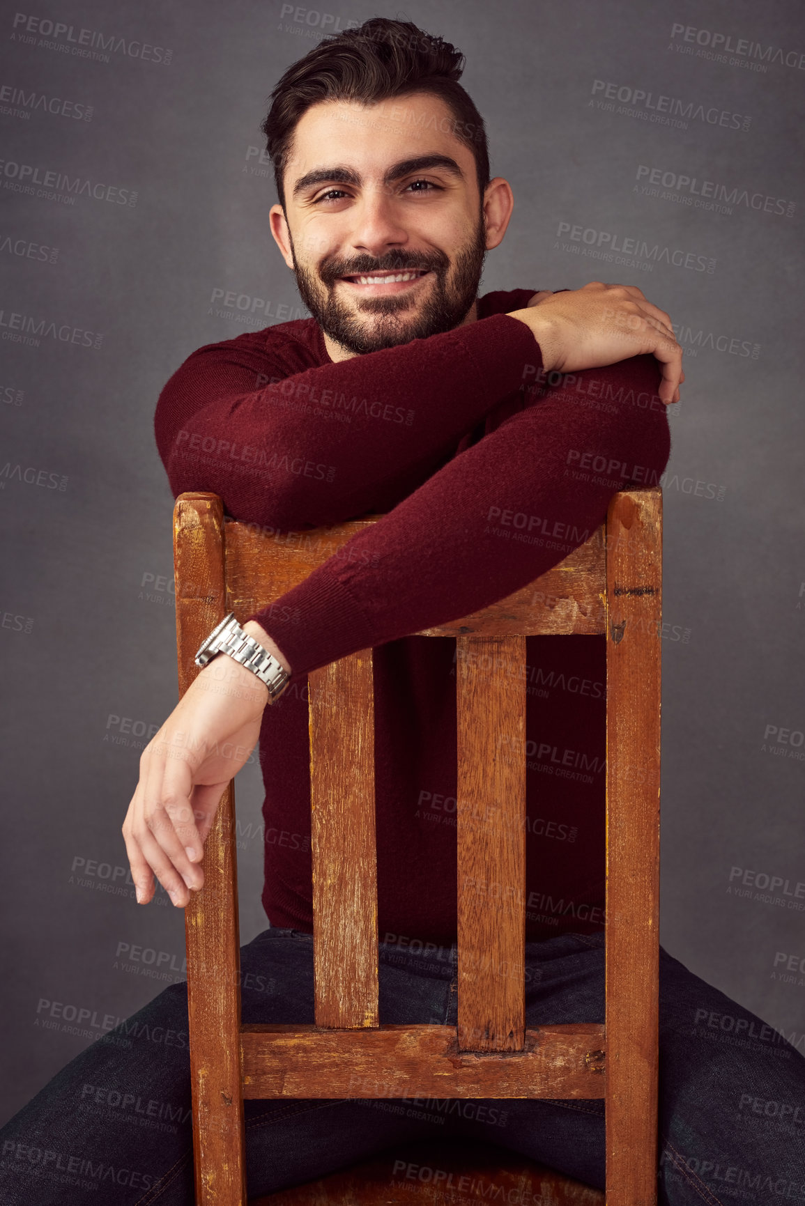 Buy stock photo Studio, happy and portrait of businessman on chair for professional, career and confidence. Investment banker, worker and male person with smile for finance, job and ambition on gray background