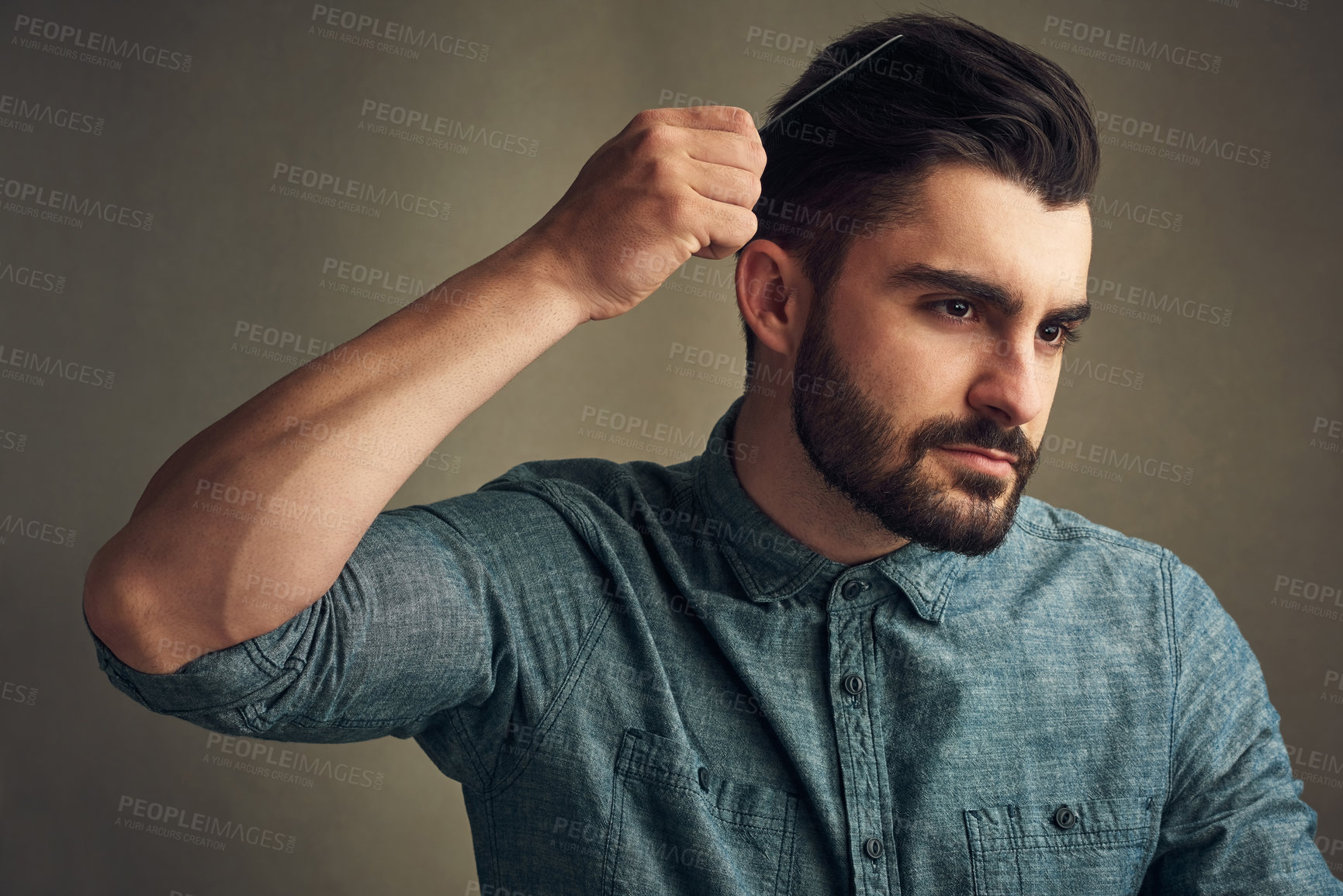 Buy stock photo Man, self care and comb on studio background for grooming, confident haircare and maintenance. Male person, cosmetic tool and brushing for getting ready, treatment and preparation by beauty product