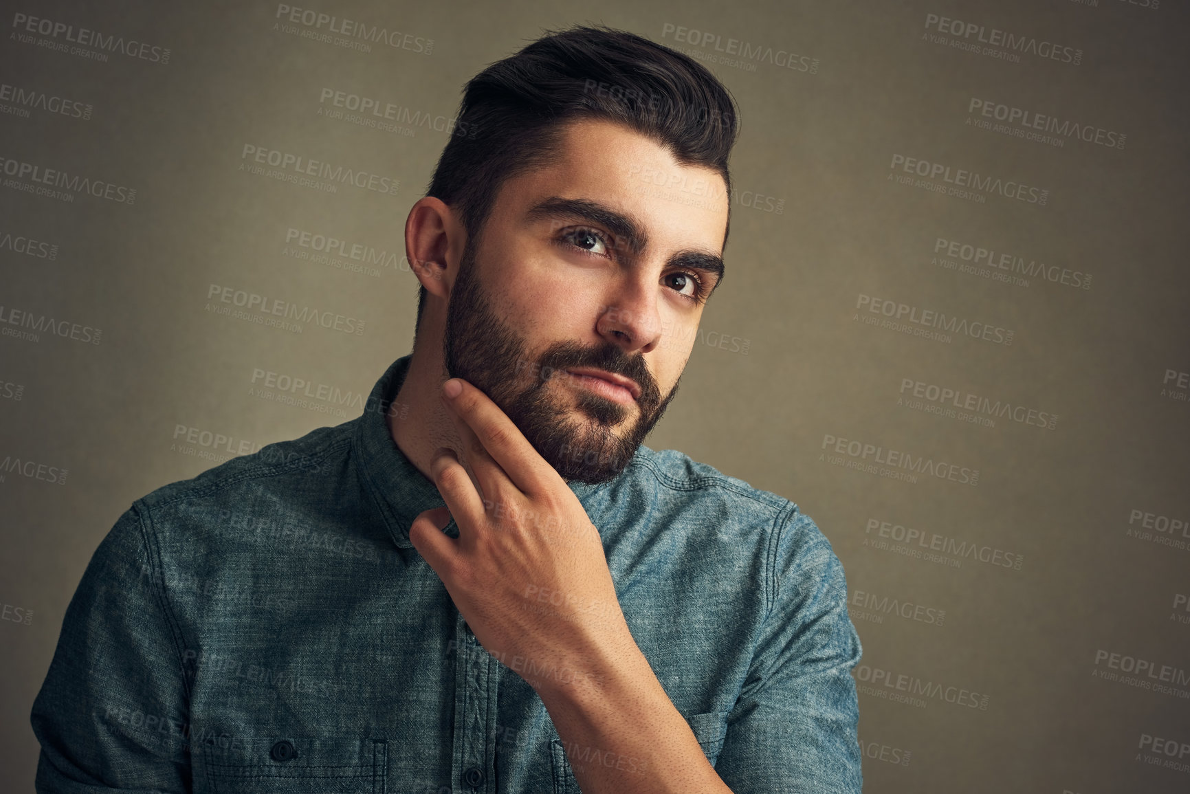 Buy stock photo Beard, man and thinking in studio for style, date preparation and daily routine. Male person, grooming or hair care on dark background with confidence, natural product or growth management with pride