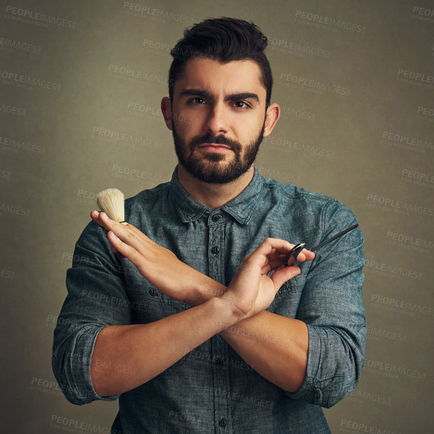 Buy stock photo Man, shaving brush and barber portrait on studio background, confident and ready for hair removal. Male person, grooming kit and serious for cosmetics or epilation, maintenance and hygiene routine