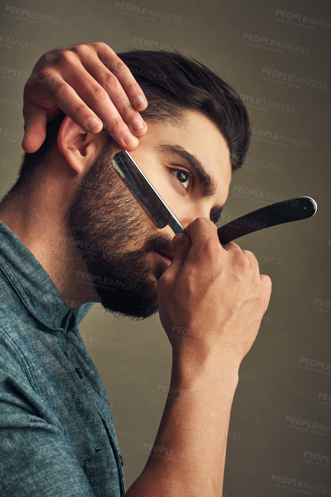 Buy stock photo Man, grooming and razor beard on studio background for facial hair maintenance, self care and texture. Male person, cleaning and personal hygiene on face for skin, beauty or morning routine as barber