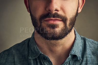 Buy stock photo Beard, man and mouth on studio background for hair care, style and daily routine. Male person, grooming and lips on face in closeup with confidence, natural treatment or facial growth or dermatology