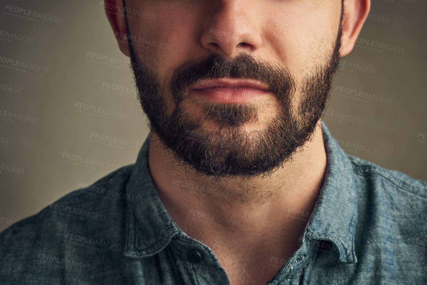 Buy stock photo Beard, man and mouth on studio background for hair care, style and daily routine. Male person, grooming and lips on face in closeup with confidence, natural treatment or facial growth or dermatology