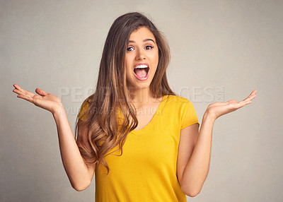 Buy stock photo Shot of an attractive young woman supporting copy space with her hands