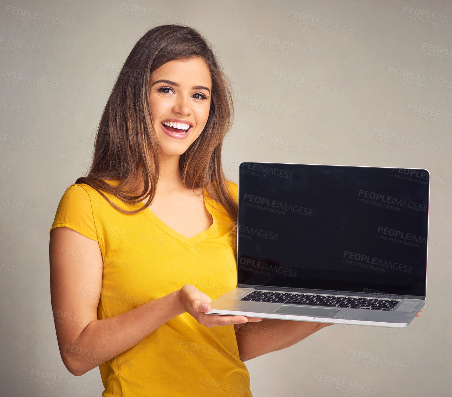 Buy stock photo Woman, laptop screen and portrait for advertising, smile for promotion or isolated white background. Computer, girl or marketing by brand ambassador with technology, presentation and app in studio