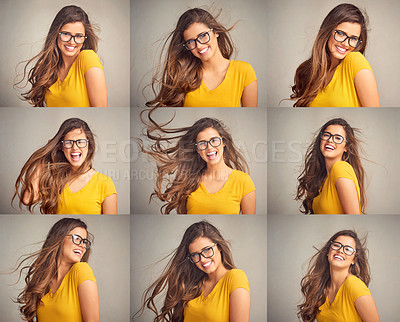 Buy stock photo Woman, playful and collage in studio for fashion, cool and trendy outfit with jeans, pride and smile. Female person, glasses and casual wear on gray background for style, aesthetic and chic clothes