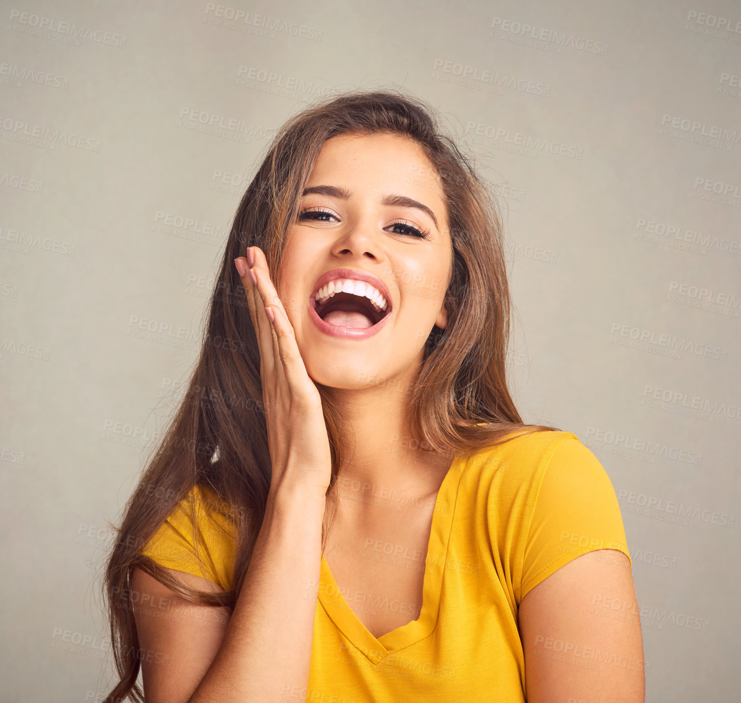 Buy stock photo Studio, excited and woman in portrait for shock, omg and mind blown with good news for gossip. Expression, female model or surprise with emoji reaction for announcement, secret or isolated background