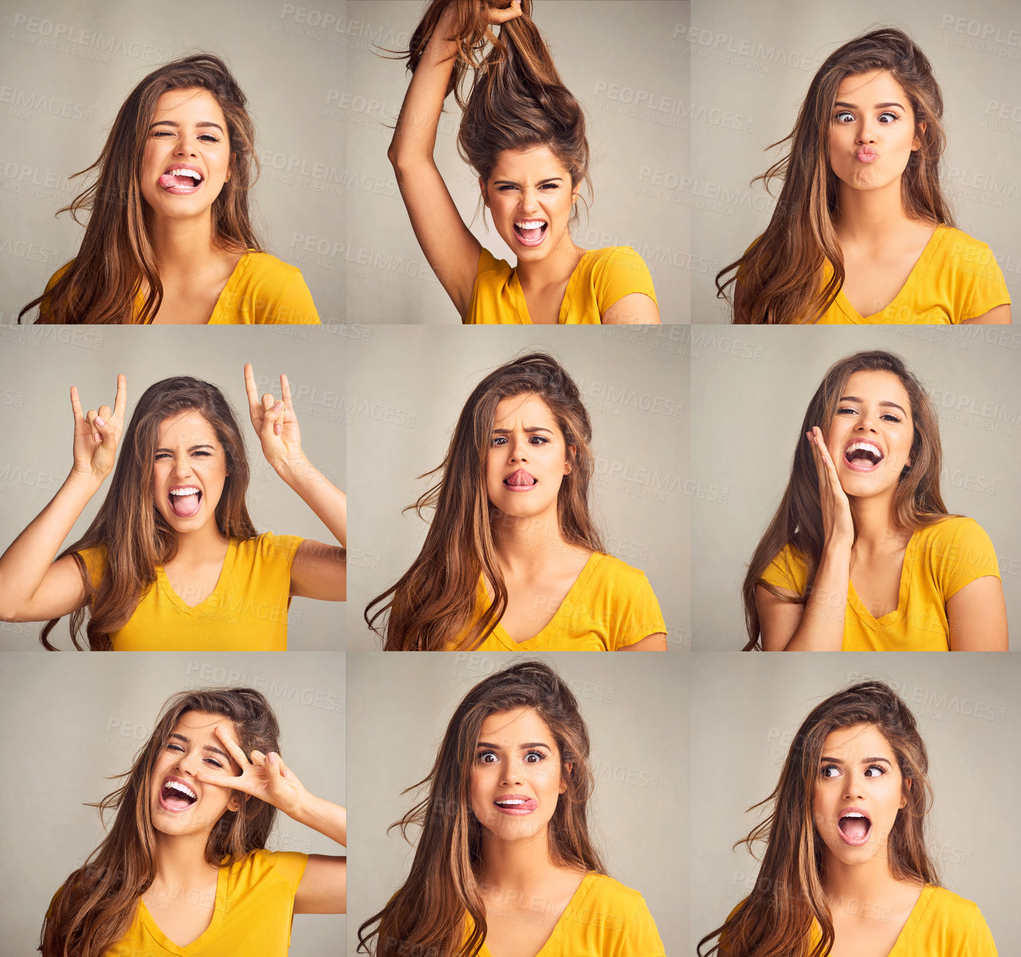 Buy stock photo Comic, collage and portrait of woman in studio with silly, joke and funny facial expression. Crazy, composite and female person from Canada with goofy and comedy face for humor by gray background.