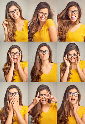 Buy stock photo Crazy, collage and portrait of woman in studio with silly, joke and comic facial expression. Funny, composite and female person with glasses for goofy and comedy face for humor by gray background.