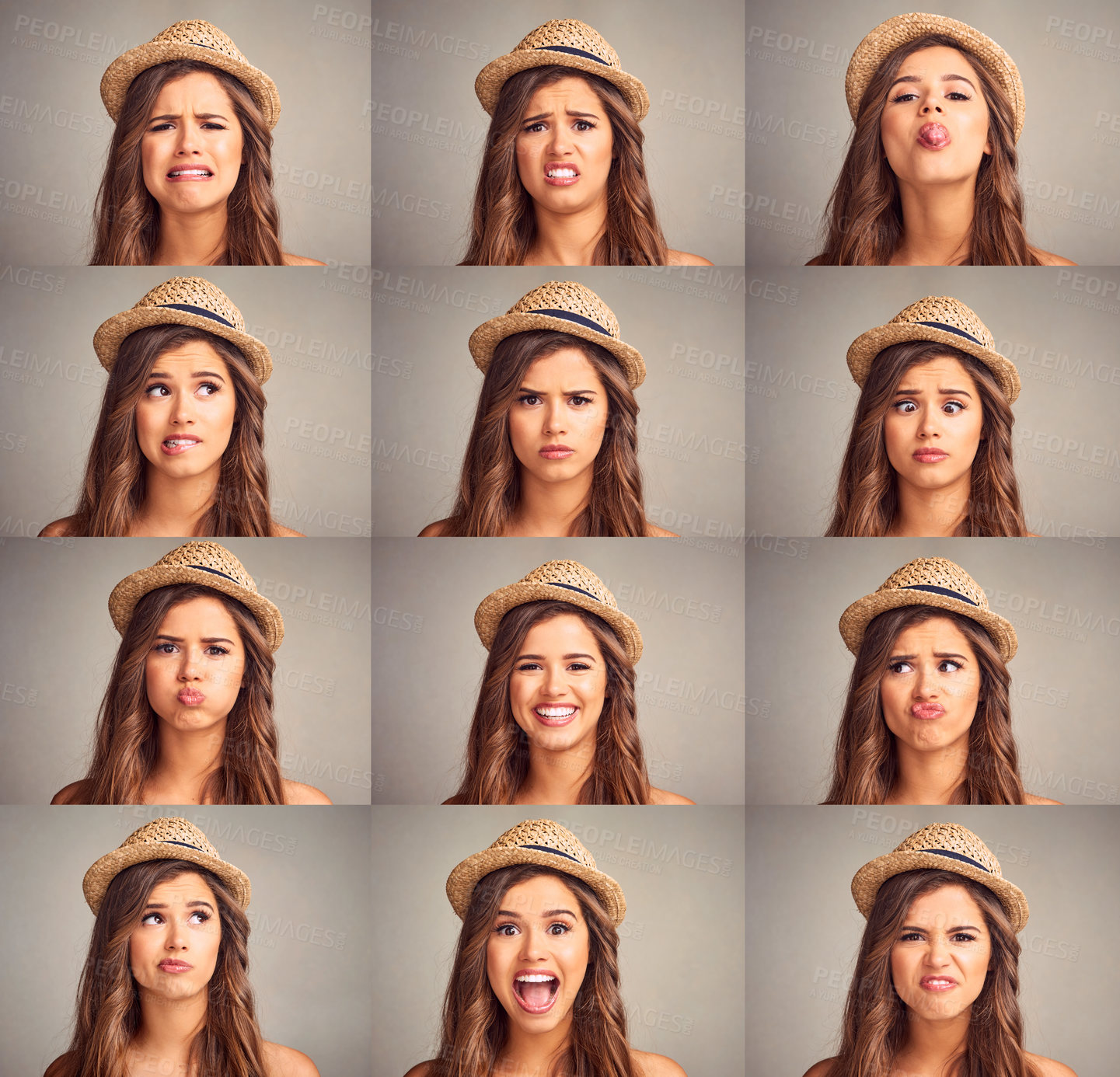 Buy stock photo Composite studio image of an attractive young woman making various facial expressions against a gray background