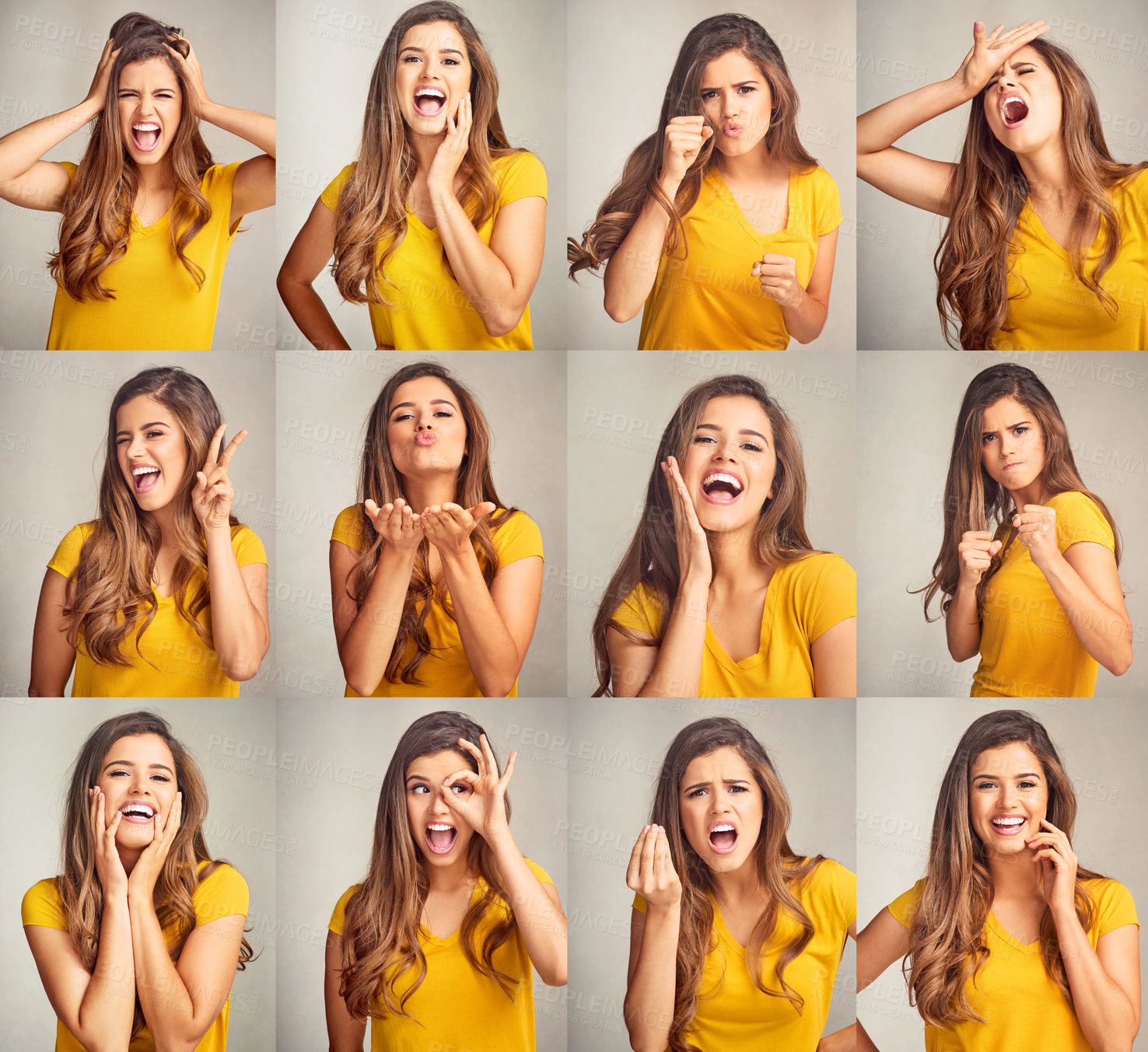 Buy stock photo Happy, collage and portrait of woman in studio with silly, joke and comic facial expression. Crazy, composite and female person from Canada with goofy, funny and comedy face by gray background.