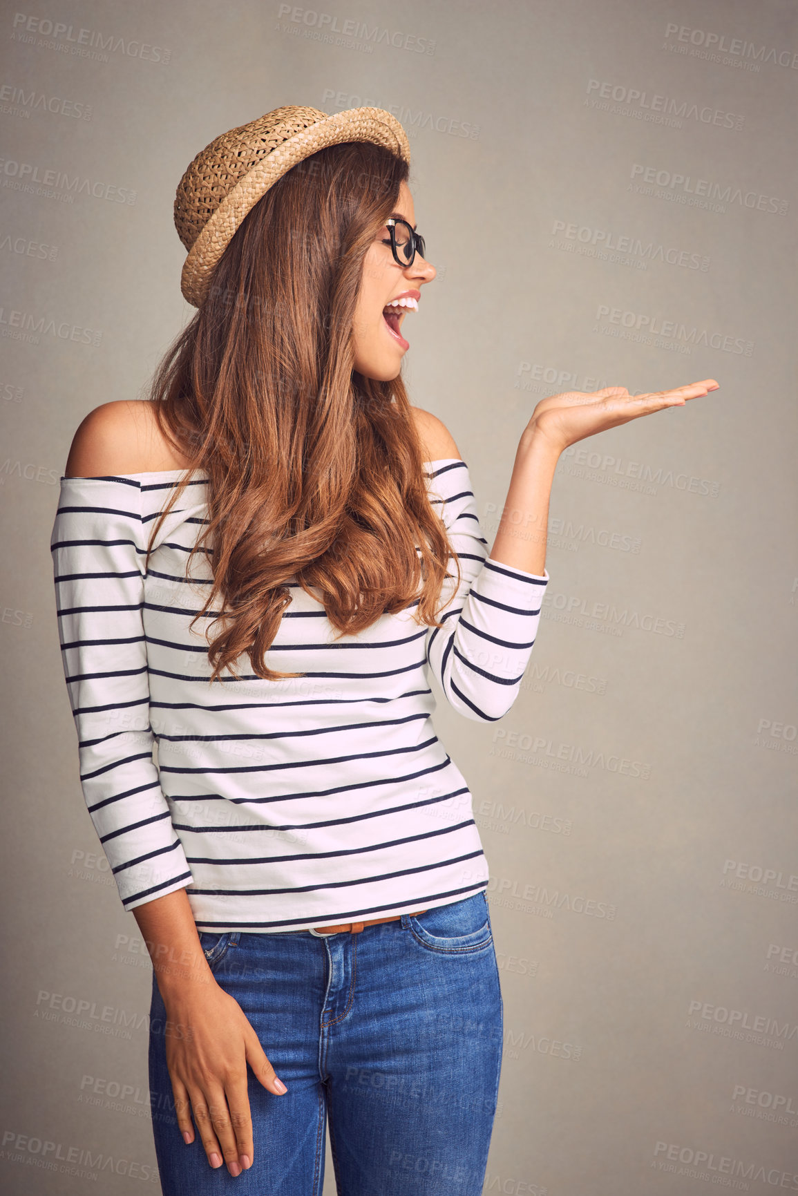 Buy stock photo Woman, happy and palm in studio for advertising, marketing and promotion with mockup space. Female person, glasses and show on gray background with information for branding, choice and presentation