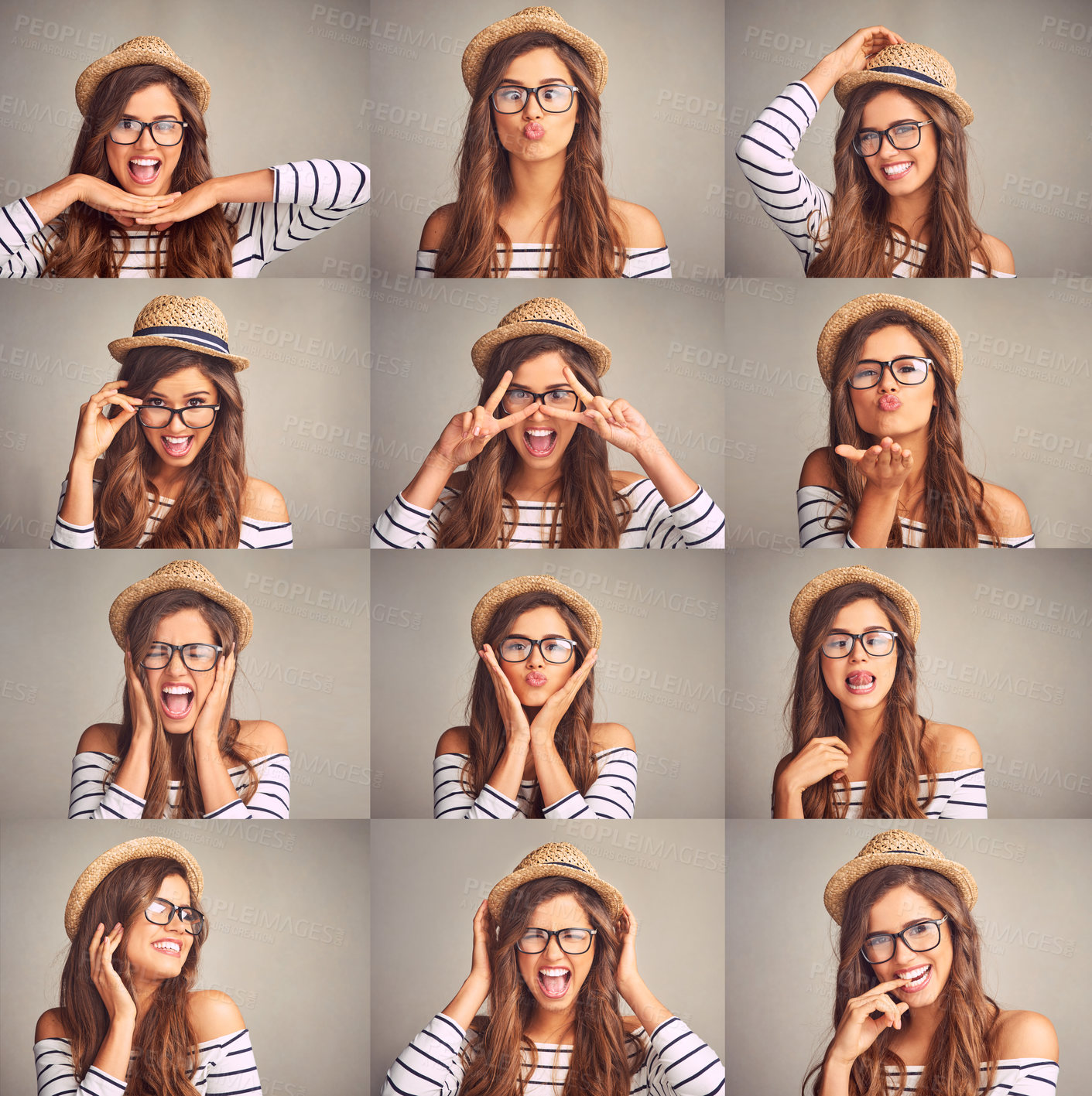 Buy stock photo Composite studio image of an attractive young woman making various facial expressions against a gray background