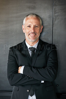 Buy stock photo Business man, happy and portrait with a smile and arms crossed in studio. A confident senior entrepreneur or executive person on a grey wall with corporate clothes, positive mindset and career pride