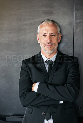 Buy stock photo Businessman, portrait and happy with a smile on face with arms crossed in studio. A senior entrepreneur or executive person on a grey wall with corporate clothes, positive mindset and career pride