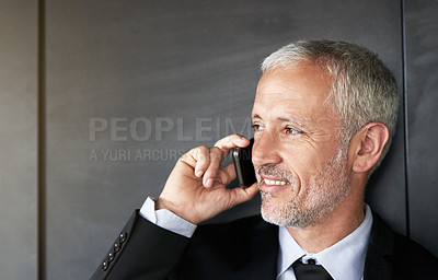 Buy stock photo Business man, happy and phone call or communication with contact and network. Face of a senior entrepreneur person on a grey wall with a cellphone for conversation and thinking about corporate idea