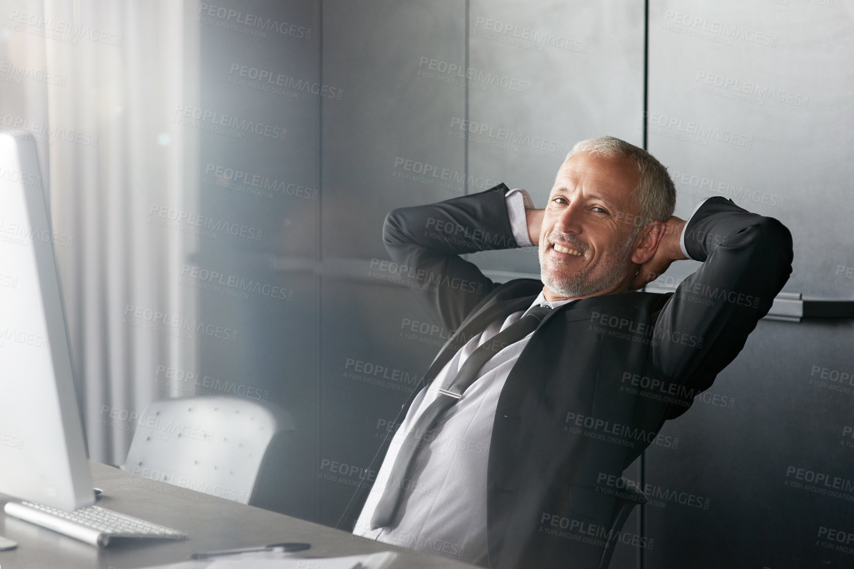 Buy stock photo Business, man and relax portrait in office with desk, happy and complete or attorney done with online legal advice. Smile, computer and connection for networking, stretching and target achievement