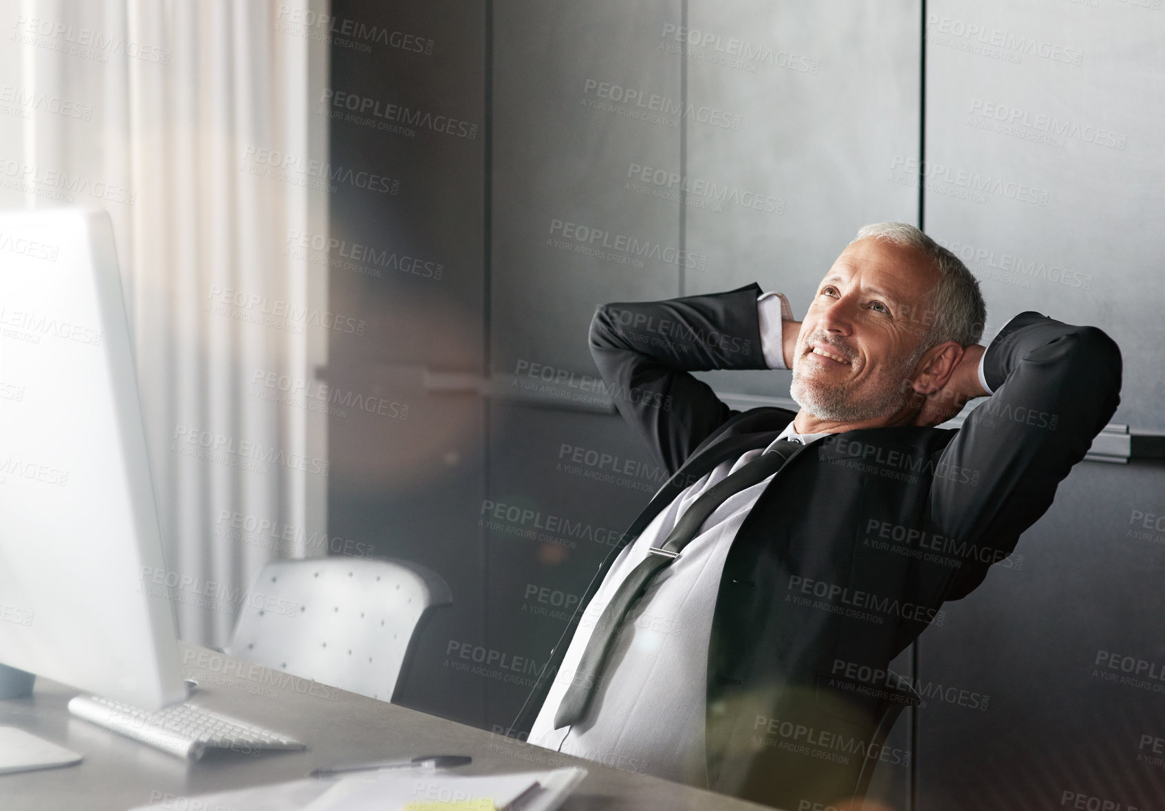 Buy stock photo Mature, businessman and relax or thinking in office, happy and complete or attorney done with legal advice. Smile, computer and connection for networking vision, stretching and target achievement