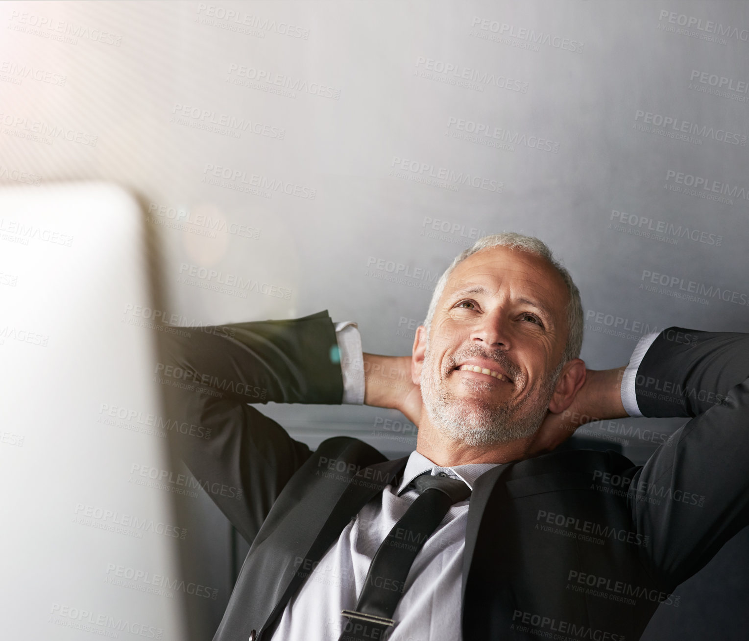 Buy stock photo Mature, businessman and relax or thinking in workplace, happy and complete or attorney done with legal advice. Smile, computer and connection for networking vision, stretching and target achievement