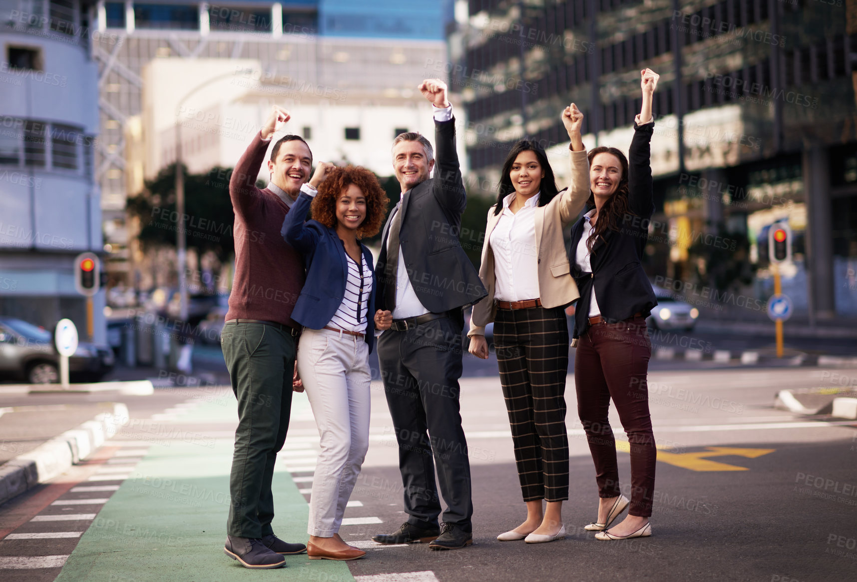 Buy stock photo Fist pump, winning and portrait of business people in city for teamwork, achievement or motivation. Smile, group and professional lawyers with celebration hand gesture for collaboration in urban town