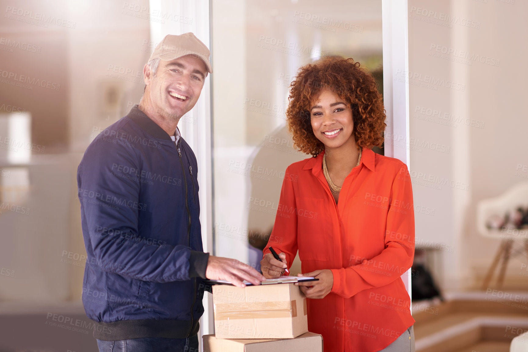 Buy stock photo Portrait, delivery man and happy customer sign for package, logistics and order receipt paperwork. Face, courier and signature of woman for box, shipping and ecommerce distribution service at home