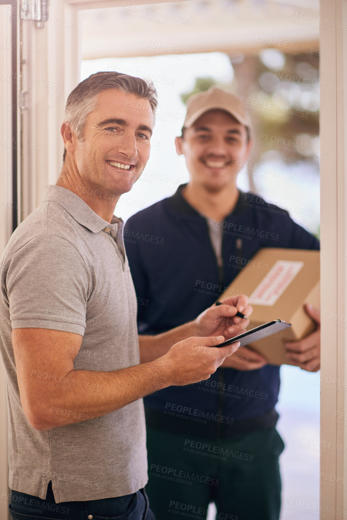 Buy stock photo Portrait, delivery man and happy customer sign for package, logistics and order receipt paperwork. Face, courier and signature for box, shipping and ecommerce distribution service document at home