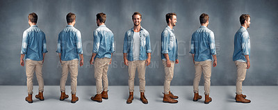 Buy stock photo Full length multiple shot of a handsome young man posing at different angles against a gray background in the studio