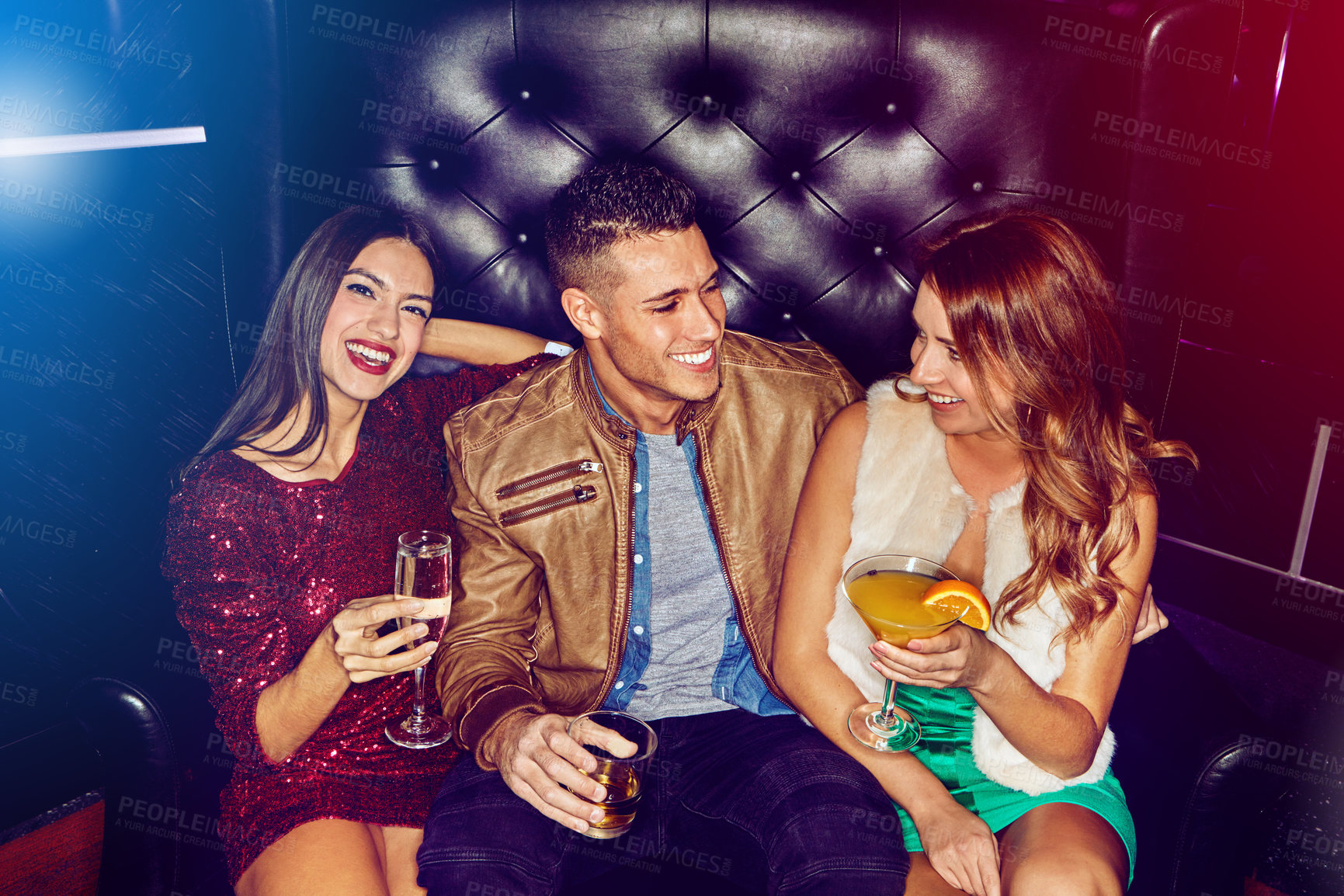 Buy stock photo Friends, club and party drinking alcohol at disco event, concert or happy hour for new years celebration together. Man and women with smile relaxing, clubbing and having fun at rave or nightclub