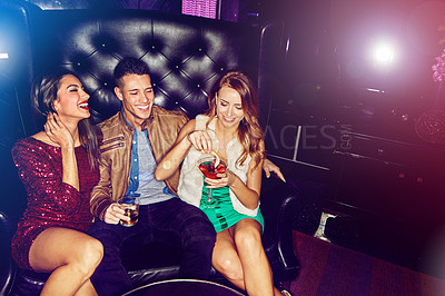 Buy stock photo People, happy and friends in nightclub with cocktails, drinks or champagne for vip event, memory or reunion. Group, man or women in dark disco party couch for alcohol or social celebration to relax