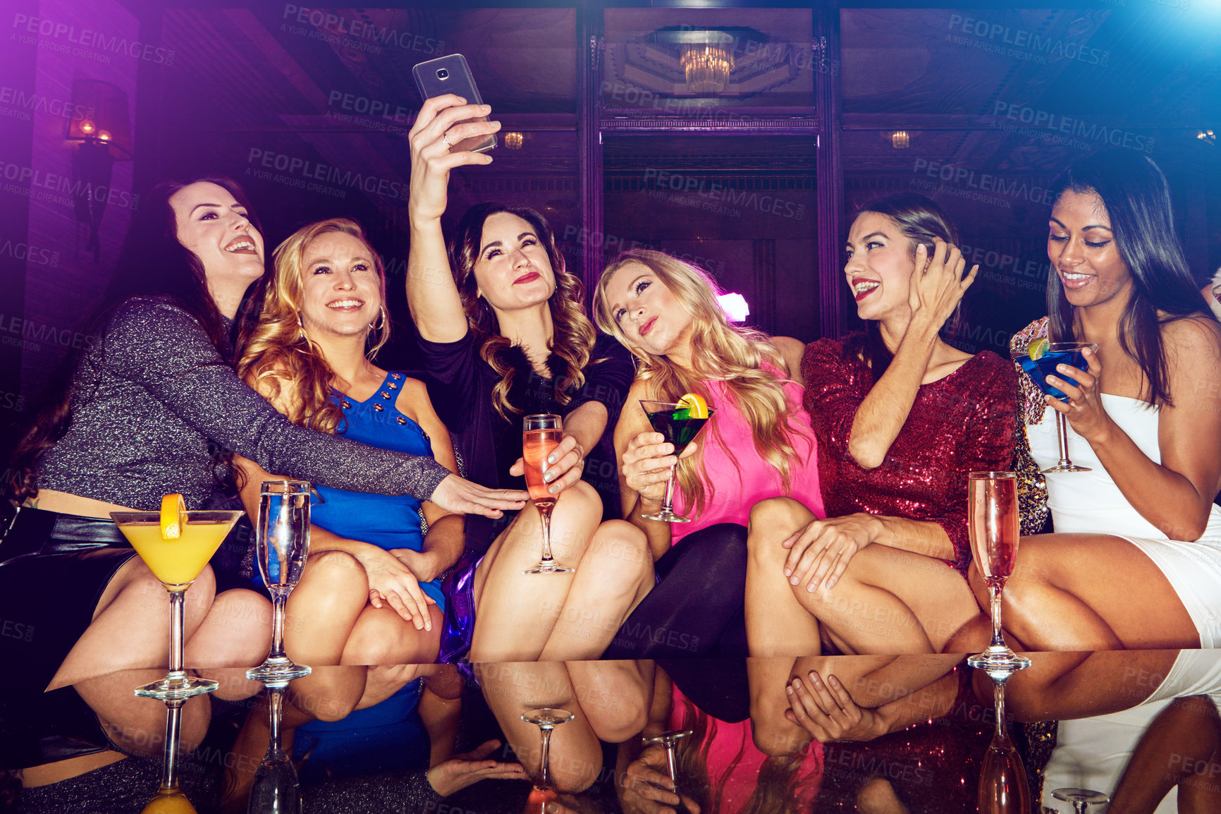 Buy stock photo Selfie, club and women with drinks at a party for new year, birthday or festive celebration. Fun, social and friends taking picture on a phone while drinking alcohol beverage in nightclub together.