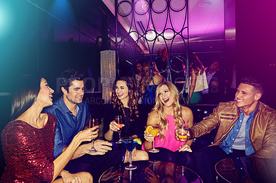 Buy stock photo People, cheers and friends in nightclub with drink, glass or cocktails for memory, event or reunion. Vip lounge, women and happy men in dark disco party for alcohol or social celebration to toast 