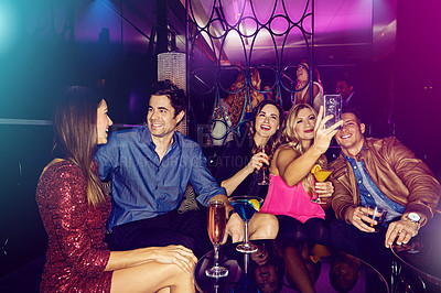 Buy stock photo People, selfie or friends in nightclub with smile, drinks or cocktails for memory, vip event or reunion. Pictures, men or happy women on dark party couch for alcohol, photograph or social celebration