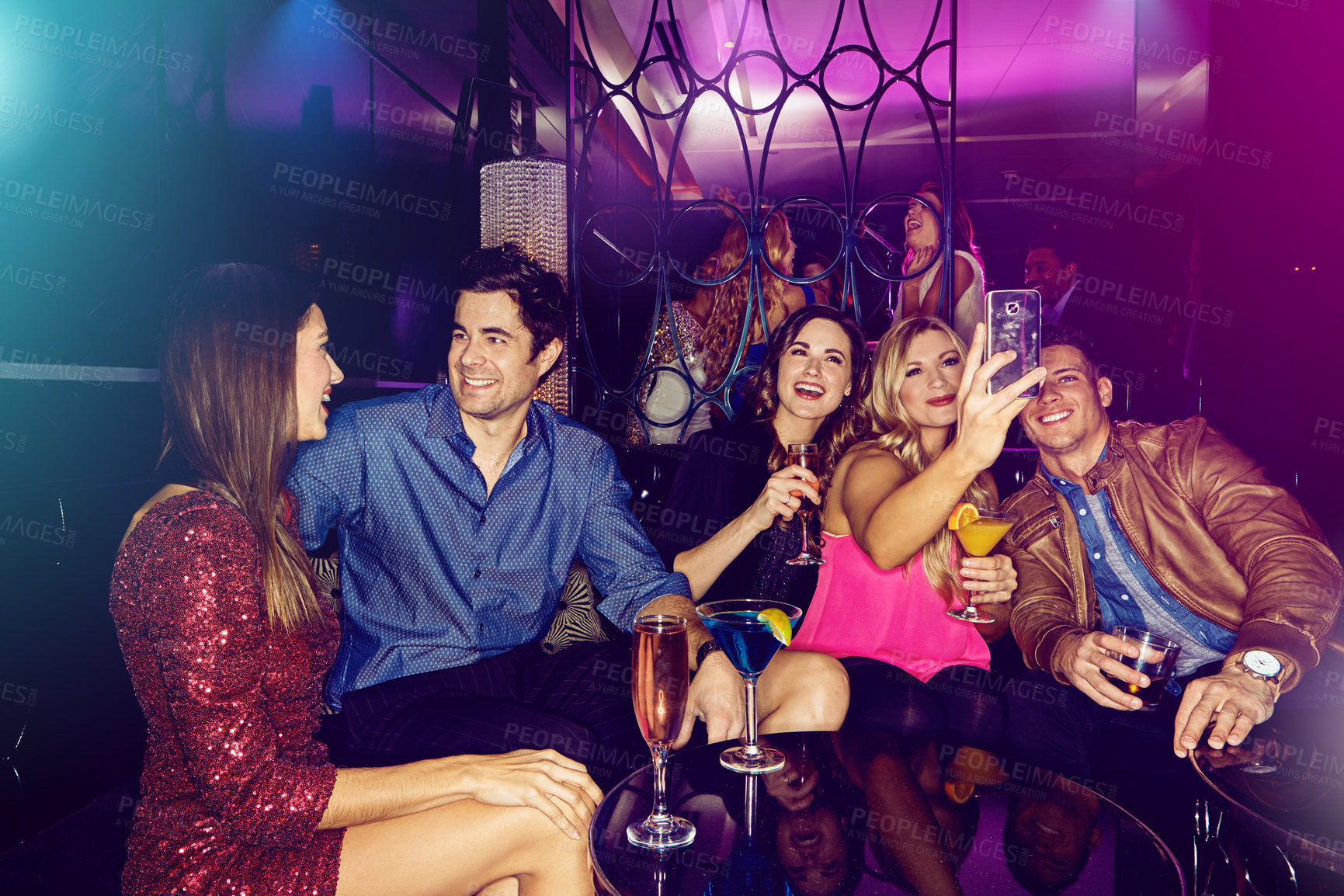 Buy stock photo People, selfie or friends in nightclub with smile, drinks or cocktails for memory, vip event or reunion. Pictures, men or happy women on dark party couch for alcohol, photograph or social celebration