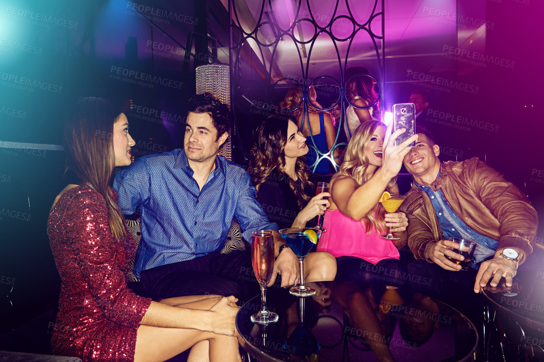 Buy stock photo People, selfie or friends in nightclub with drinks, smile or cocktails for memory, vip event or reunion. Pictures, men or happy women on dark party couch for alcohol, photograph or social celebration