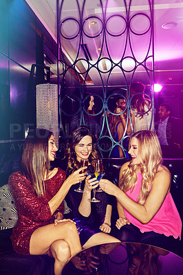 Buy stock photo Girls, cheers and friends in nightclub with alcohol, glass or cocktails for bonding, event or reunion. Vip lounge, women and happy people in dark disco party for drinks or social celebration to toast