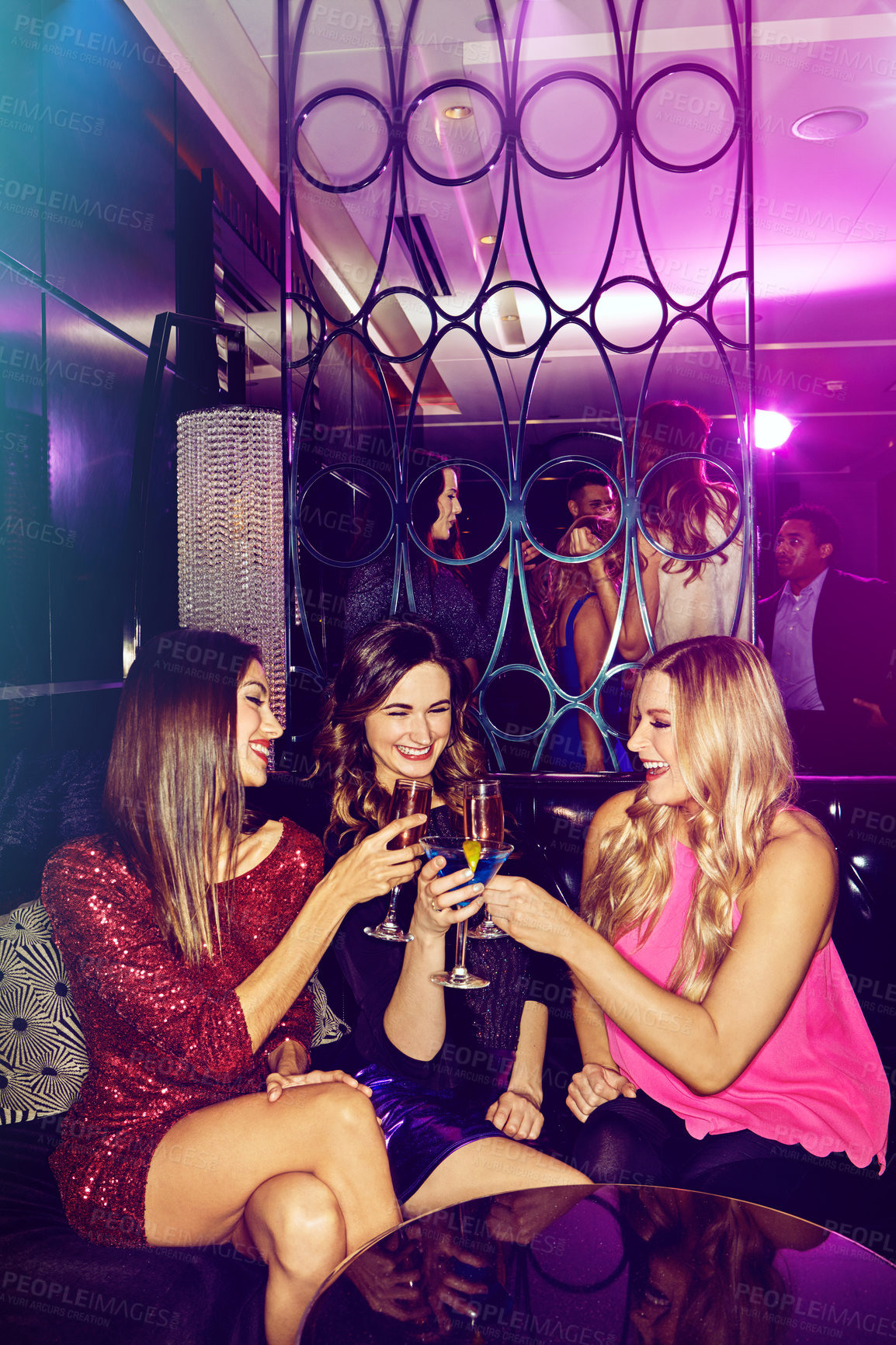 Buy stock photo Girls, cheers and friends in nightclub with alcohol, glass or cocktails for bonding, event or reunion. Vip lounge, women and happy people in dark disco party for drinks or social celebration to toast