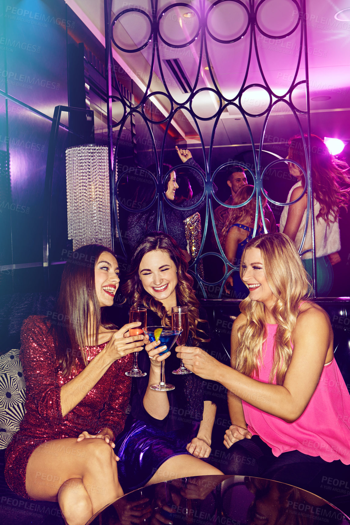 Buy stock photo Girls, toast and friends in nightclub with alcohol, glass or cocktails for memory, event or reunion. Vip lounge, women and happy people in dark disco party for drinks or social celebration to cheers