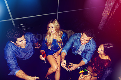 Buy stock photo Phone, selfie and group of friends at nightclub having fun time drinking. Party, new year and top view of people at event taking a smartphone photo for happy memory, social media or profile picture.