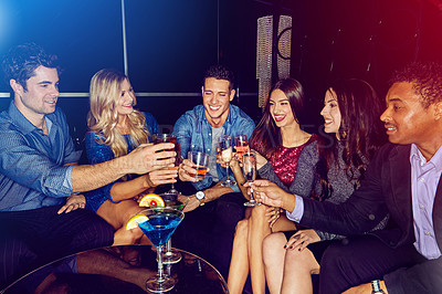 Buy stock photo Toast, cocktail with friends in nightclub, party and celebrate new year with alcohol drinks and fun together in club. Cheers, celebration and holiday with friend group and drinking cocktails.