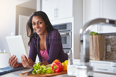 Buy stock photo Smile, portrait and woman with tablet in kitchen for website, instructions or recipe for cooking food. Online, person and ingredient with tech at home for vegetables, digital information and dinner