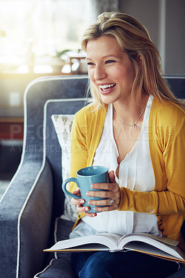 Buy stock photo Woman, armchair and coffee break with reading, relax or book as interior designer for architecture firm. Female person, happy and rest in home for calm, stress management or peace as consultant