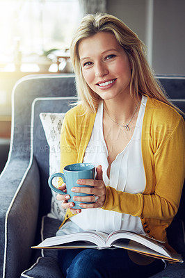 Buy stock photo Home, portrait and woman with coffee, sofa and reading in weekend, book and break in living room. House, couch and face of person with tea, peace and smile for rest in lounge, drink and happiness