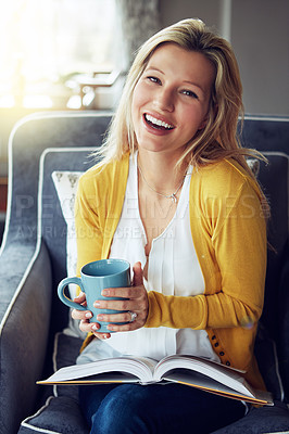 Buy stock photo Happy woman, armchair and coffee break in portrait, relax or reading as interior designer for architecture firm. Female person, smile and apartment for calm, stress management or peace as consultant