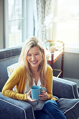 Buy stock photo Woman, armchair and drinking coffee in comfort, relax or break at home with hot beverage. Female person, happy and rest on couch for calm, apartment or peace with happiness in modern house or lounge