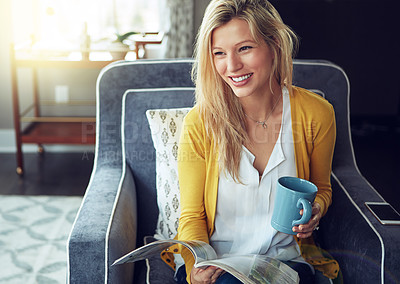 Buy stock photo Happy woman, magazine and coffee break in reading, relax or thinking as interior designer for architecture firm. Female person, tech and apartment for calm, stress management or peace as consultant